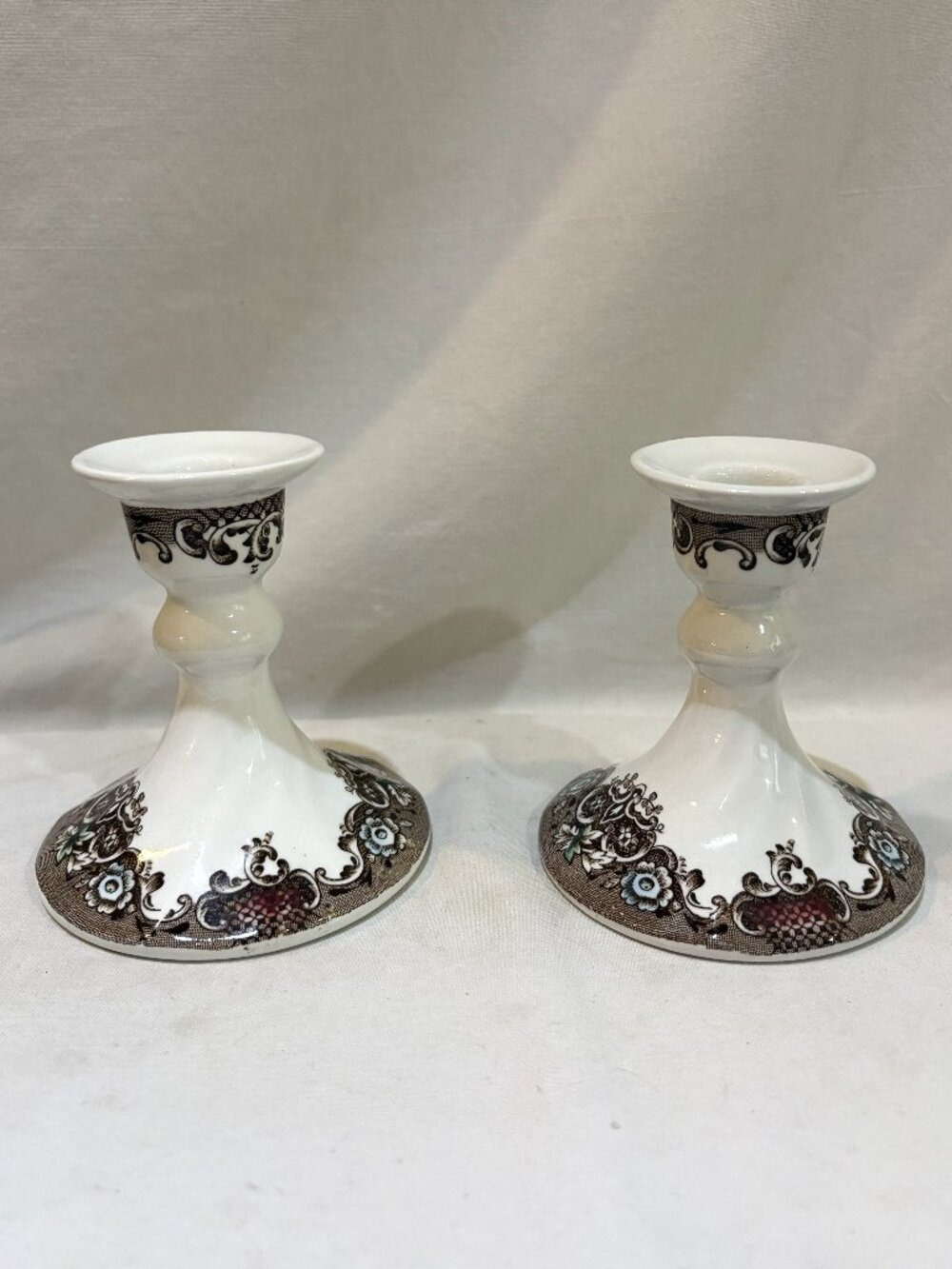 Pair VTG Johnson Bros Heritage Hall Ironstone Candlestick Candle Holders England